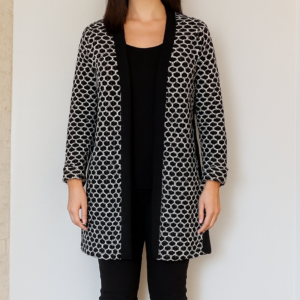 Joseph Ribkoff Jacquard Duster Jacket Size 12 Textured Black White Like New